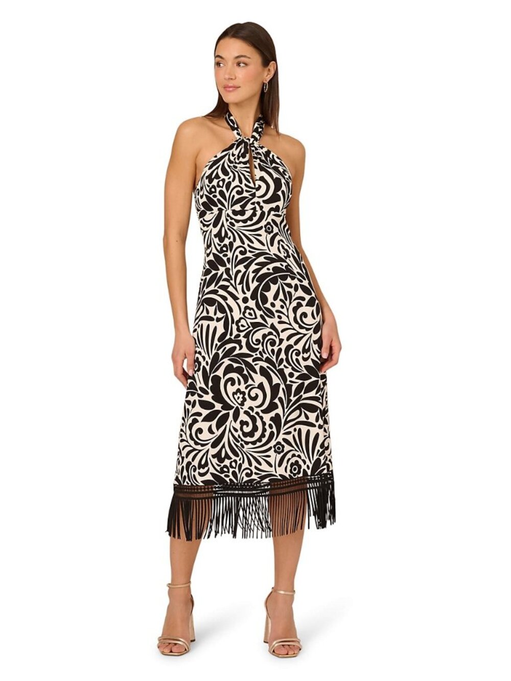 ADRIANNA BY ADRIANNA PAPELL Printed Halter Fringe Dress Black Multi